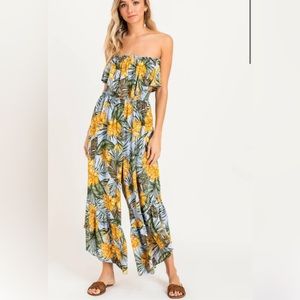 Lush Brand Mustard Palm Print Strapless Culotte Jumpsuit Small